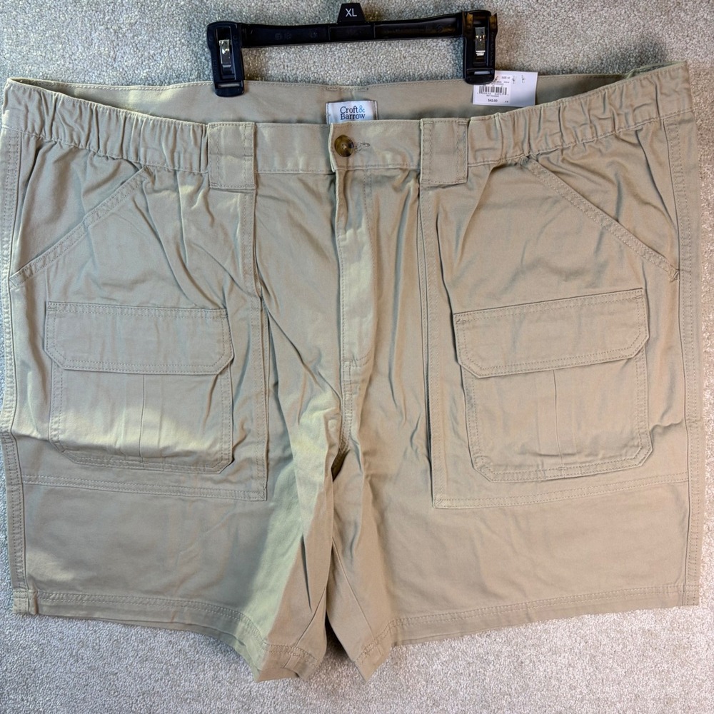 Croft & Barrow‎ Cargo Shorts Mens 52x9 Beige Side Elastic Cotton Big & Tall NEW